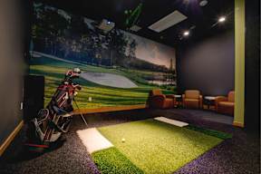 A room with a golf simulator and a green carpet.