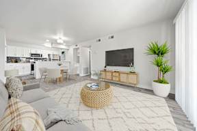 Living room with grey sofa, coffee table, and television at Station 21 apartments for rent in Mesa, AZ.