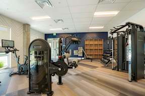 A gym with a variety of equipment including a treadmill, a stationary bike, and a rowing machine.