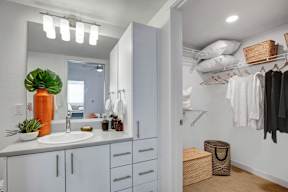 A bathroom with a white sink and a mirror.