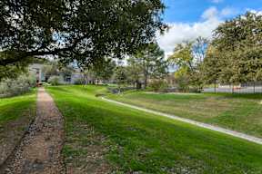 A path through a grassy area with trees on either side.