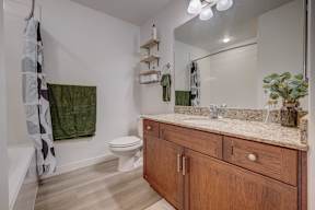 A bathroom with a toilet, sink, and a mirror.