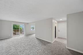 A spacious room with a carpeted floor and a door on the right side.