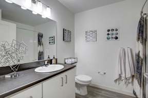 A bathroom with a white toilet, a sink, and a mirror.