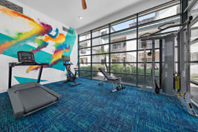 a workout room with floor to ceiling windows and a colorful mural