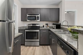 a kitchen with stainless steel appliances and black cabinets