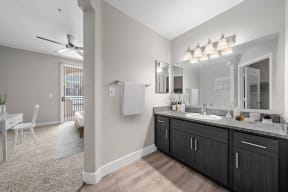 a bathroom with a sink and a mirror, light fixture mounted