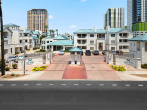 Exterior monument sign of building name, entrance of the community