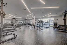 a gym with weights and cardio equipment in a building with windows
