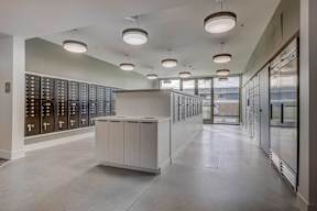 a large room with a counter in the middle of it