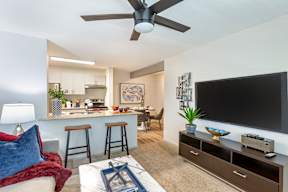 A living room with a bar area and a television.