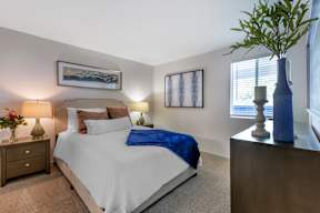 A bedroom with a bed, nightstands, and a plant.