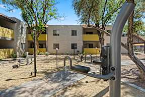 a playground in front of a building