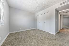 a bedroom with a carpeted floor and a closet with two doors