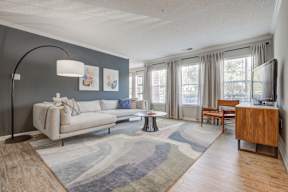 Model home living room plank flooring, expansive windows for natural light  at Vista Commons Apartments, Columbia
