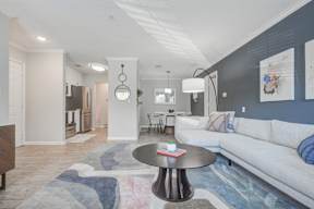 Model home living room blue accent wall  at Vista Commons Apartments, South Carolina