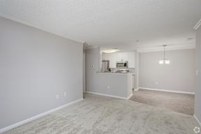 A spacious living room with a carpeted floor and a kitchenette in the background.