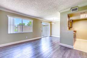 A room with wooden floors and a window with blinds.
