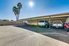 A sunny day at a parking lot with a palm tree and a building in the background.