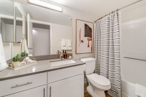 a bathroom with a white sink and toilet next to a shower with a black and white shower  at Citrine Hills, Ontario, 91761