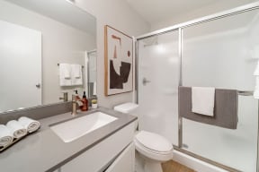 a bathroom with a white sink and toilet next to a shower with a glass door  at Citrine Hills, Ontario, 91761