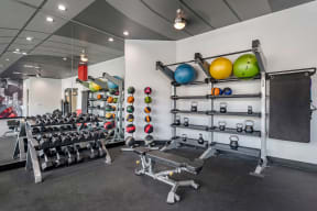 Weight Section of the State-of-the-Art Gym at Mockingbird Flats, Dallas, TX, 75206