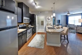 a kitchen and living room with stainless steel appliances at Mockingbird Flats, Dallas