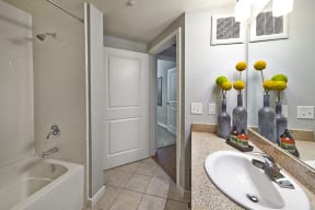 a bathroom with a sink and a shower and a bath tub at Mockingbird Flats, Dallas, Texas