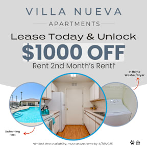 A promotional image for Villa Nueva Apartments offering a $1000 off for the second month's rent.