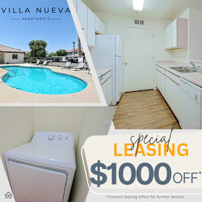 A leasing sign for a villa with a pool and a kitchen.