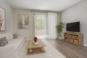a living room with a couch a coffee table and a tv