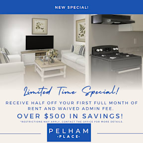 An advertisement for a special offer on rent and admin fee at Pelham Place.