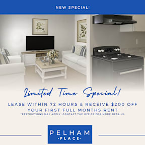An advertisement for a limited time special offer at Pelham Place.