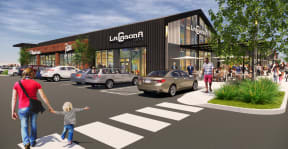 a rendering of a shopping center with people walking on the sidewalk and cars parked in front of