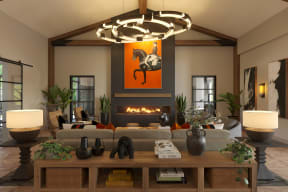 a rendering of a living room with a fireplace and a horse painting on the wall at Madison Prickett Preserve, Yardley, PA