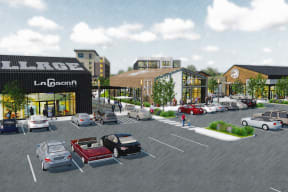 a rendering of a shopping center with cars parked in front of it
