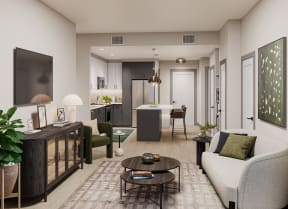 a rendering of a living room with a kitchen in the background at Madison West Elm, Conshohocken Pennsylvania