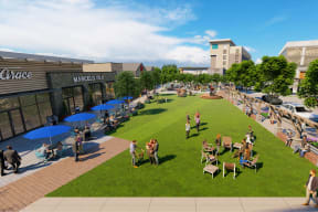 a rendering of a grassy area with tables and chairs and people walking around
