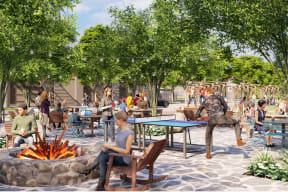 a rendering of a park with a ping pong table and a fire pit