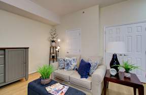 A living room with a grey couch, a wooden side table, and a small potted plant.