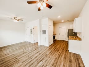 a kitchen and living room with a ceiling fan