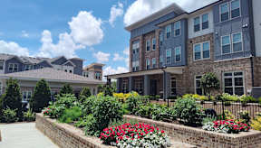 A row of houses with a large building in the background.