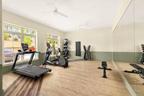 A room with a treadmill, exercise bike, and other workout equipment.