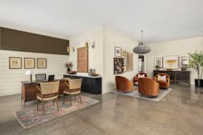 A living room with a brown chair and a grey rug.