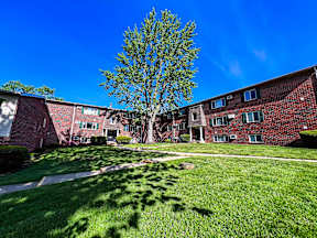 Brick apartment building with a large tree and sidewalks in front of it