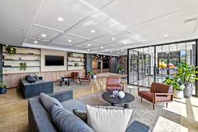 a living room with couches and chairs and a television