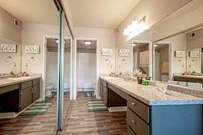 Bathroom vanity and closet at Villas Del Cielo Aprartments in Albuquerque New Mexico October 2020