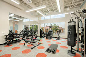 A gym with orange hexagonal tiles on the floor.