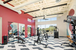 A gym with a red wall and a variety of exercise equipment.
