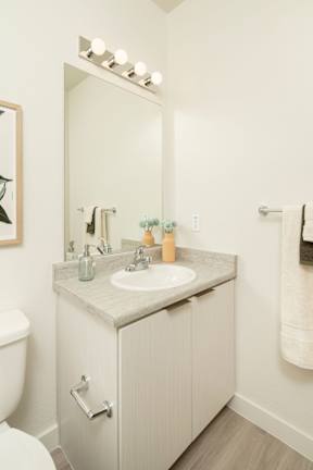 A bathroom with a sink, toilet, and a mirror.